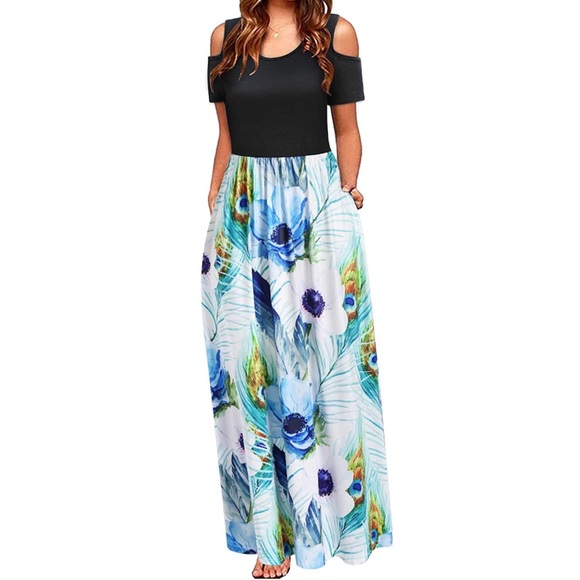 Dresses & Skirts - Cold Shoulder Floral Casual Long Maxi Dress Pocket